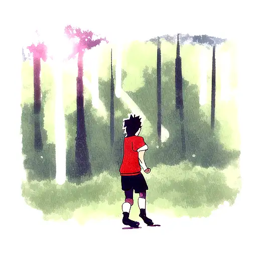  A soccer player trekking through a forest, with a sun rising in the background. tattoo design idea