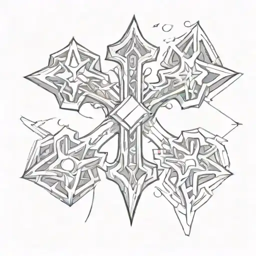 a thick  silver cross drawn in the style of a louis vuitton concept art. with a lot of shading, futuristic like  tattoo design idea