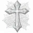a thick 3D silver cross drawn in the style of a louis vuitton concept art. with a lot of shading, futuristic like tattoo design idea