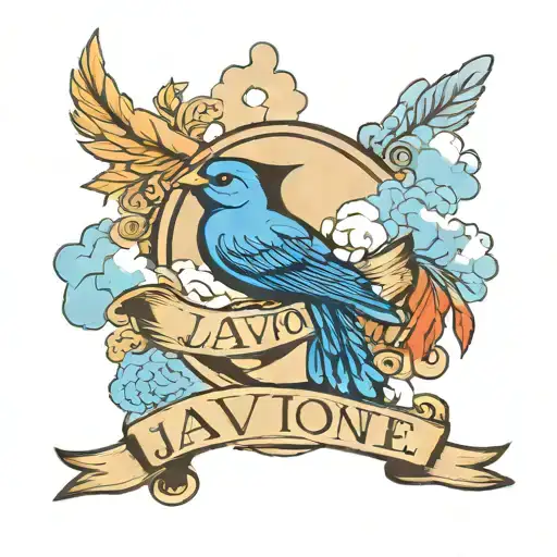 Javonte  letters with in clouds in blue birds around it tattoo design idea