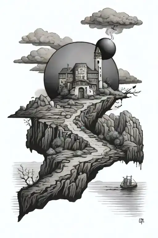 A black-grey tattoo of a pharmacist standing on a cliff overlooking a vast lake, with a pharmacy symbol subtly integrated into the landscape tattoo design idea
