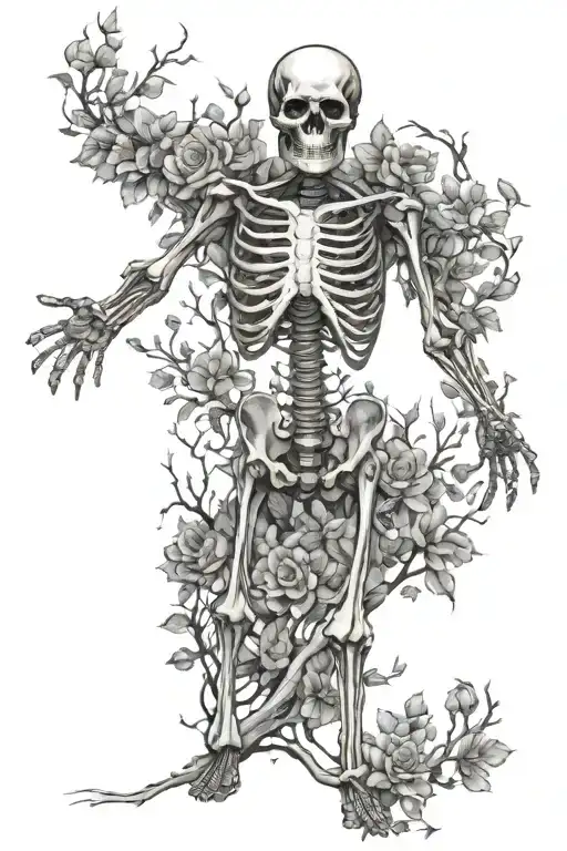 Full body skeleton with arms extended, these arms and head are tree branches with flowers and leaves tattoo design idea