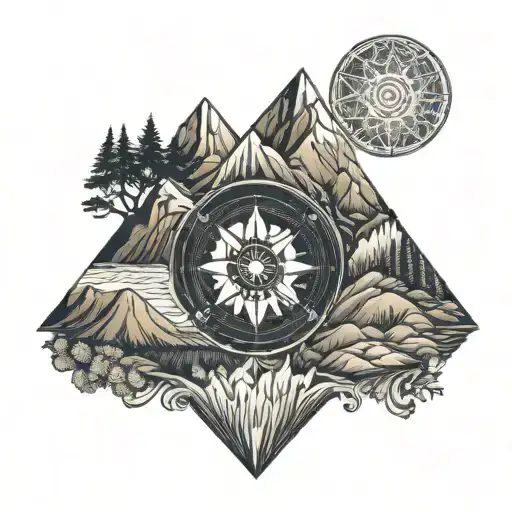 veg visor compass mountain range with a winding river flowing tattoo design idea