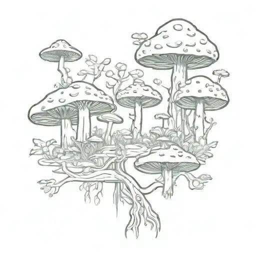 A playful tattoo design of kids playing in a forest filled with psychedelic mushrooms, with hidden messages related to science and Einstein's theories tattoo design idea