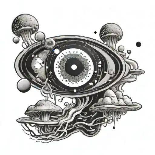 A cosmic tattoo design of a black hole surrounded by psychedelic patterns and mushrooms, with subtle nods to electrical engineering symbols tattoo design idea