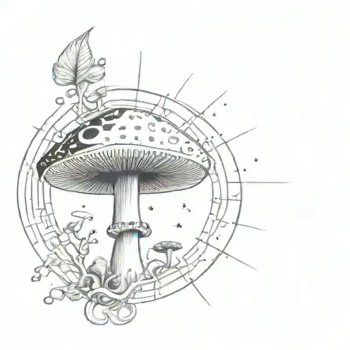 A surreal tattoo design featuring a mushroom growing out of a black hole, with intricate geometric patterns representing science and psychedelics tattoo design idea