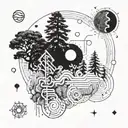 An abstract tattoo design incorporating elements of Einstein's equations and electrical circuits, with a forest background symbolizing nature and balance tattoo design idea