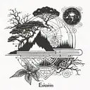 An abstract tattoo design incorporating elements of Einstein's equations and electrical circuits, with a forest background symbolizing nature and balance tattoo design idea