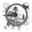 An abstract tattoo design incorporating elements of Einstein's equations and electrical circuits, with a forest background symbolizing nature and balance tattoo design idea