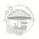 A surreal tattoo design featuring a mushroom growing out of a black hole, with intricate geometric patterns representing science and psychedelics tattoo design idea