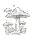 A surreal tattoo design featuring a mushroom growing out of a black hole, with intricate geometric patterns representing science and psychedelics tattoo design idea