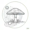 A surreal tattoo design featuring a mushroom growing out of a black hole, with intricate geometric patterns representing science and psychedelics tattoo design idea