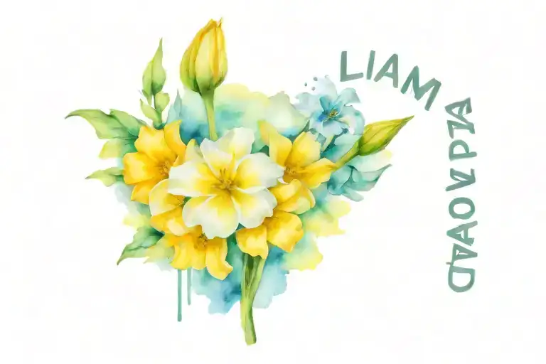 a tattoo of carnations, daffodils and daisys with the name Liam Silva and date March 14, 2020 tattoo design idea