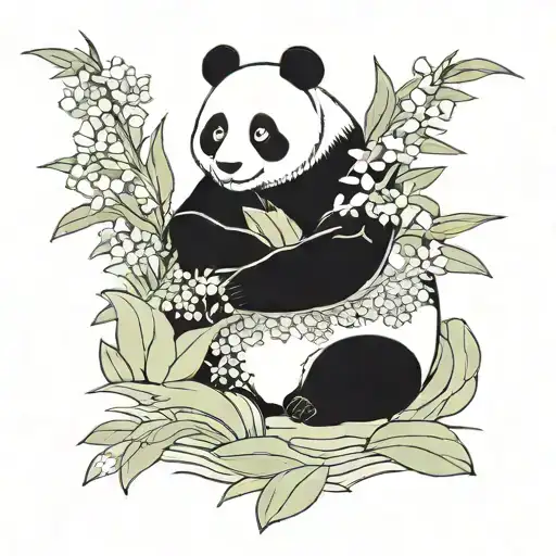 japanese style background (clouds or scales and snowdrop flowers) and a panda drawn as an old style chinese painting  tattoo design idea