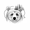Bear cub riding on the back of papa bear with trees and clouds in the background tattoo design idea