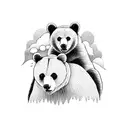 Bear cub riding on the back of papa bear with trees and clouds in the background tattoo design idea
