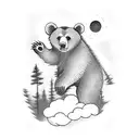 Bear cub riding on the back of papa bear with trees and clouds in the background tattoo design idea