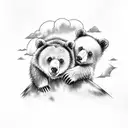 Bear cub riding on the back of papa bear with trees and clouds in the background tattoo design idea
