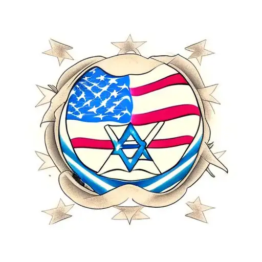 half israeli flag abd half american flag with a menorah in the background tattoo design idea
