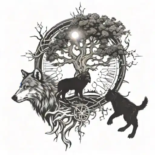 yggdrasil with vegvisir and two raven flying towards the sun next to a wolf and a bear tattoo design idea