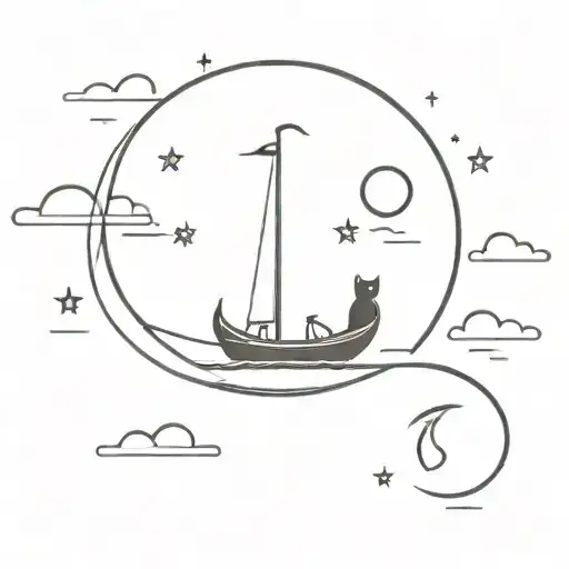 A minimalist tattoo of a cat lounging on a gondola in Venice, with the moon and stars in the sky tattoo design idea