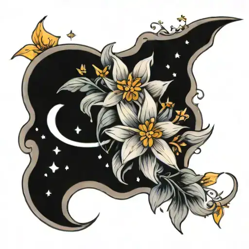 moon stars flowers intertwined tattoo design idea