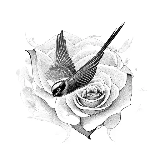 Flying Sparrow and Roses tattoo design idea