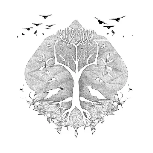 Tree of life with flying birds tattoo design idea