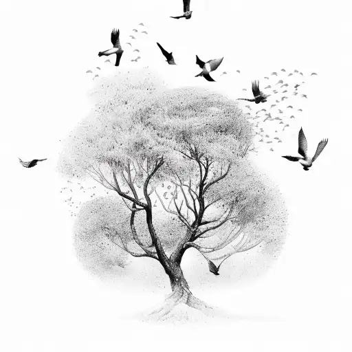 Tree of life with flying birds tattoo design idea