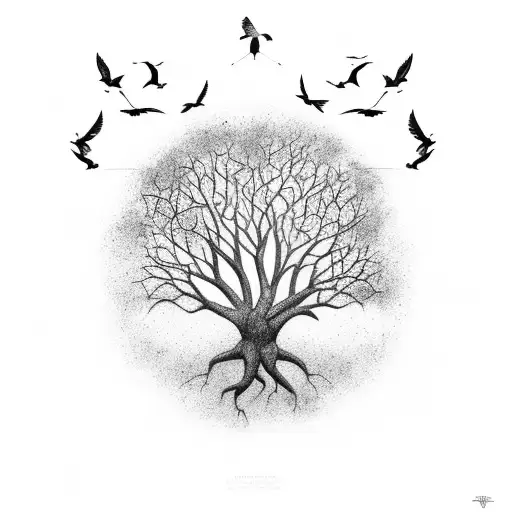 Tree of Life with flying birds tattoo design idea