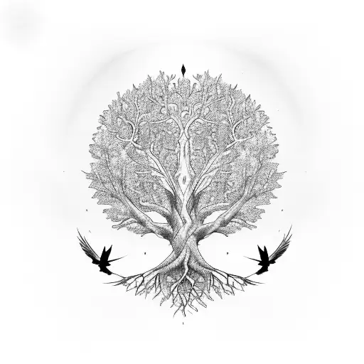 Tree of Life with flying birds tattoo design idea