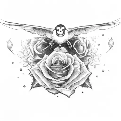 Flying sparrow with a rose tattoo design idea