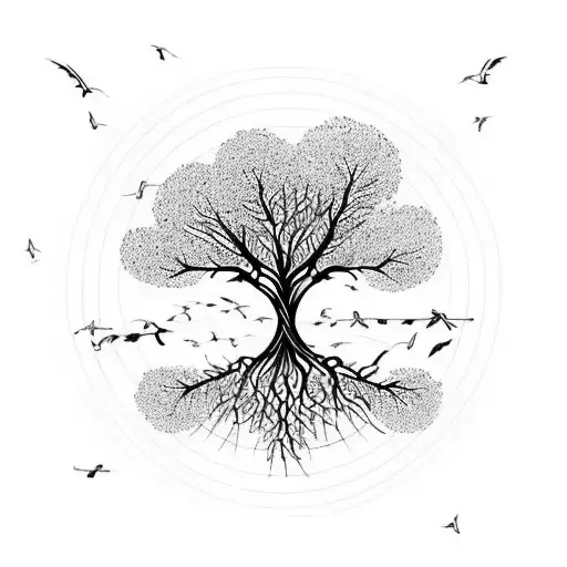 Tree of life with flying birds tattoo design idea