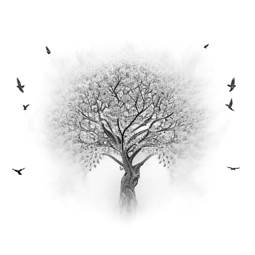 Tree of Life with flying birds tattoo design idea