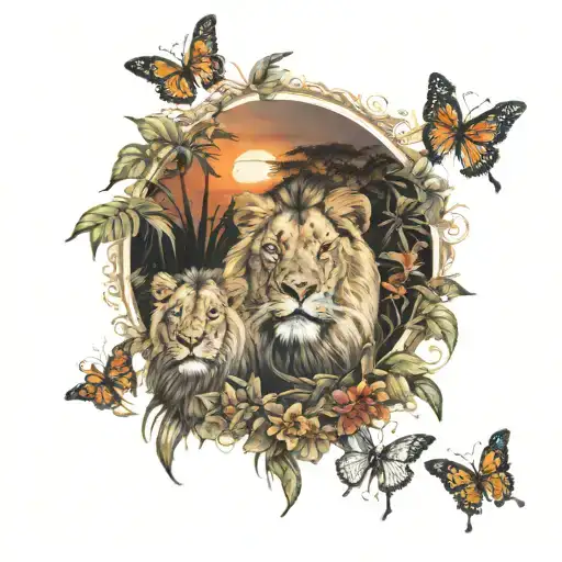 Lions jungle sunset pretty animals flowers  butterflies tattoo design idea