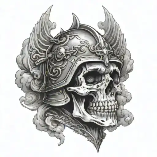 skull in armor with evil clouds surrounding tattoo design idea