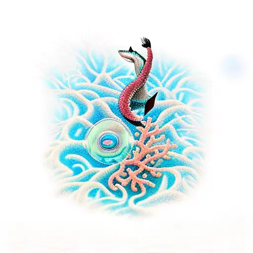 A mesmerizing underwater scene with colorful coral reefs, a shark swimming alongside a psychedelic jellyfish, and a meerkat meditating on a floating lotus flower tattoo design idea