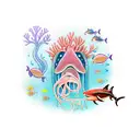 A mesmerizing underwater scene with colorful coral reefs, a shark swimming alongside a psychedelic jellyfish, and a meerkat meditating on a floating lotus flower tattoo design idea