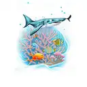 A mesmerizing underwater scene with colorful coral reefs, a shark swimming alongside a psychedelic jellyfish, and a meerkat meditating on a floating lotus flower tattoo design idea