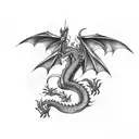 Dragon, pointing towards chest, wrapped around arm. tattoo design idea