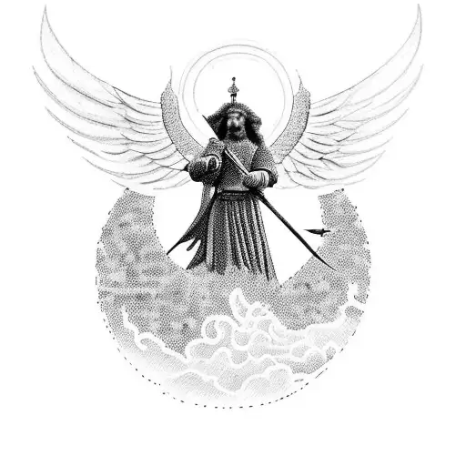 A dotwork tattoo depicting a serene landscape with a hidden silhouette of archangel Michael overlooking a hunting scene tattoo design idea