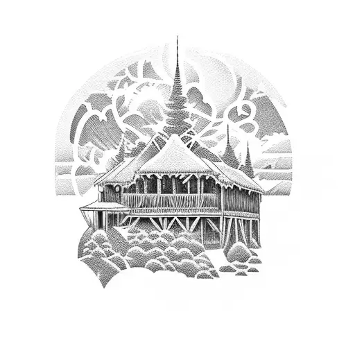 A dotwork tattoo depicting a serene landscape with a hidden silhouette of archangel Michael overlooking a hunting scene tattoo design idea