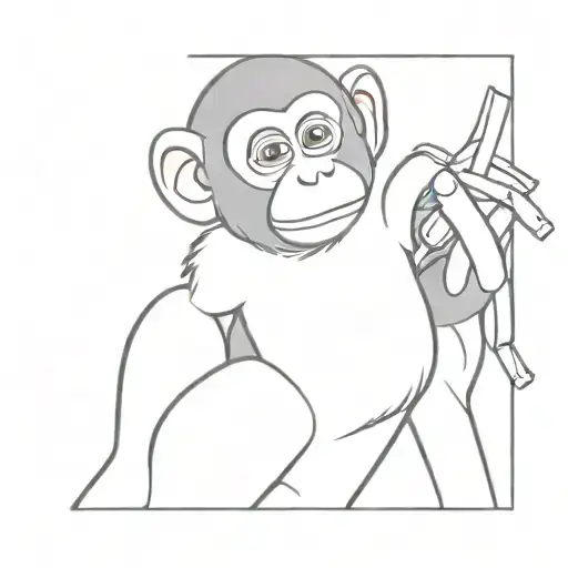 A monkey taking a french fry from a human hand, coming from the top, holding only one fry. Children drawing style.  tattoo design idea