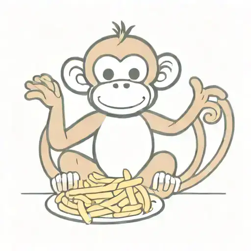 A happy monkey eating french fries. Children drawing style, cartoon, very minimalistic. Colored tattoo design idea