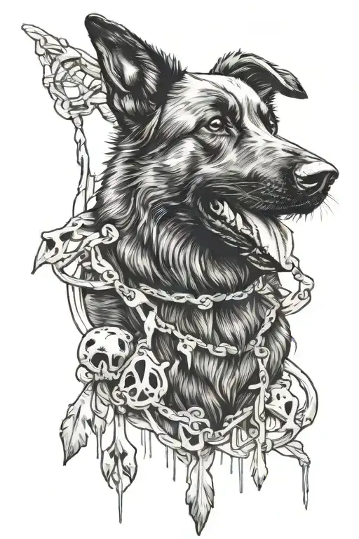 black and white sketch a tattoo with a black German Shepherd full length dog plays with bones on strings with your paws tattoo design idea