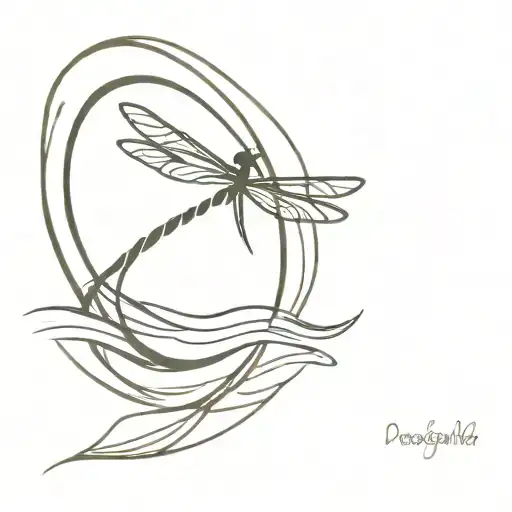 A minimalist tattoo of a dragonfly perched on a peace sign with waves crashing in the background tattoo design idea
