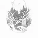 Tanjiro and Nazuko surrounded by a mystical forest with animals tattoo design idea