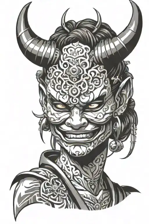 bust of girl oni mask cyberpunk inspired tattoo tattoo design idea