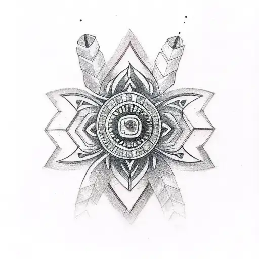Tattoo of a flower with an indian spear passing through the middle, having garnet and gold colors. tattoo design idea