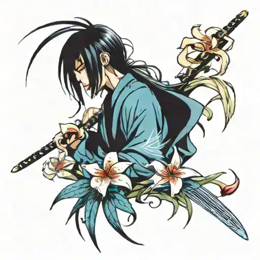 katana and blue spider lily tattoo design idea